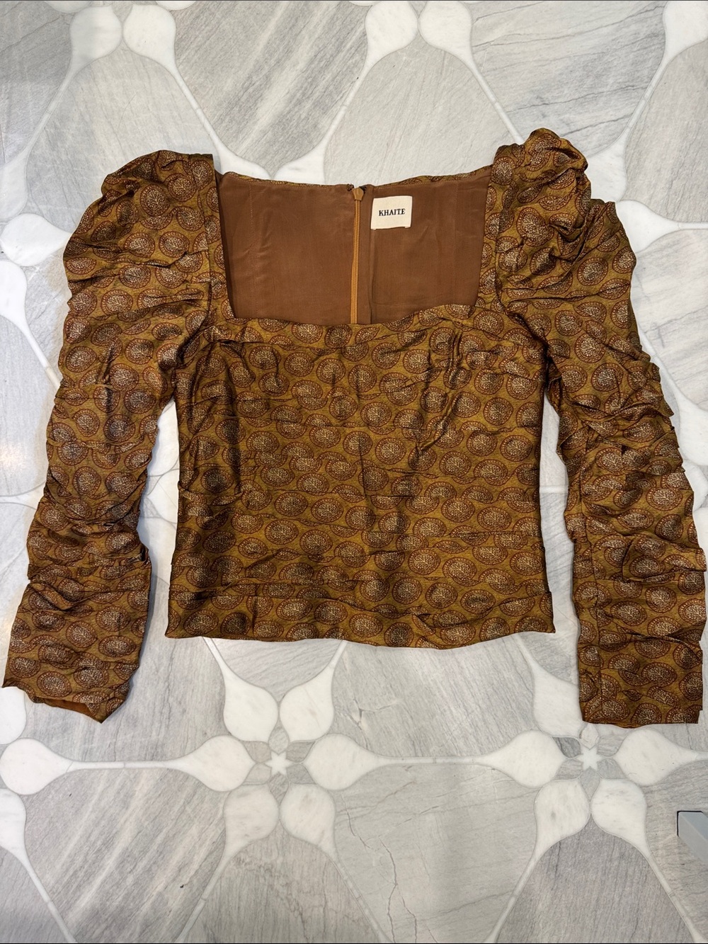 KHAITE Bronze & Red Paisley Puff-Sleeve Square-Neck Blouse with Corset Size 6